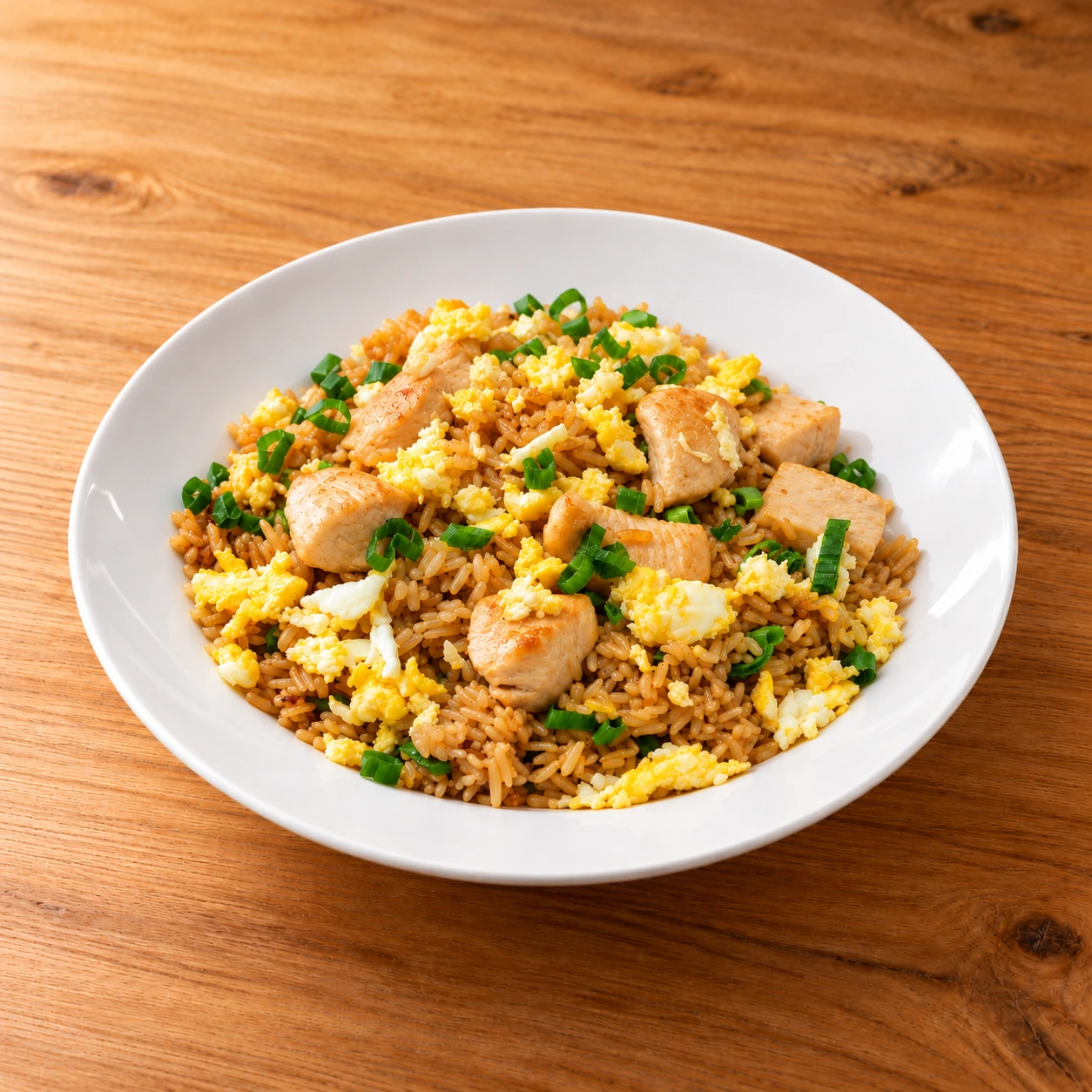 Khao Pad: gebratener Reis mit Poulet, Ei und Frühlingszwiebeln auf Birkenholz