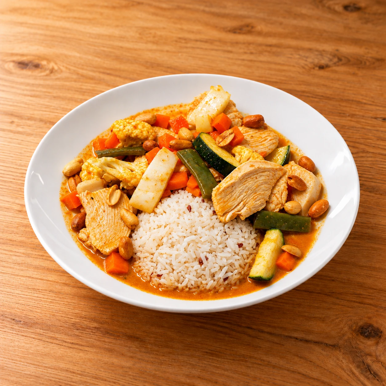 Massaman Curry bei Chaima mit saisonaler Gemüsevielfalt auf Naturholz-Hintergrund