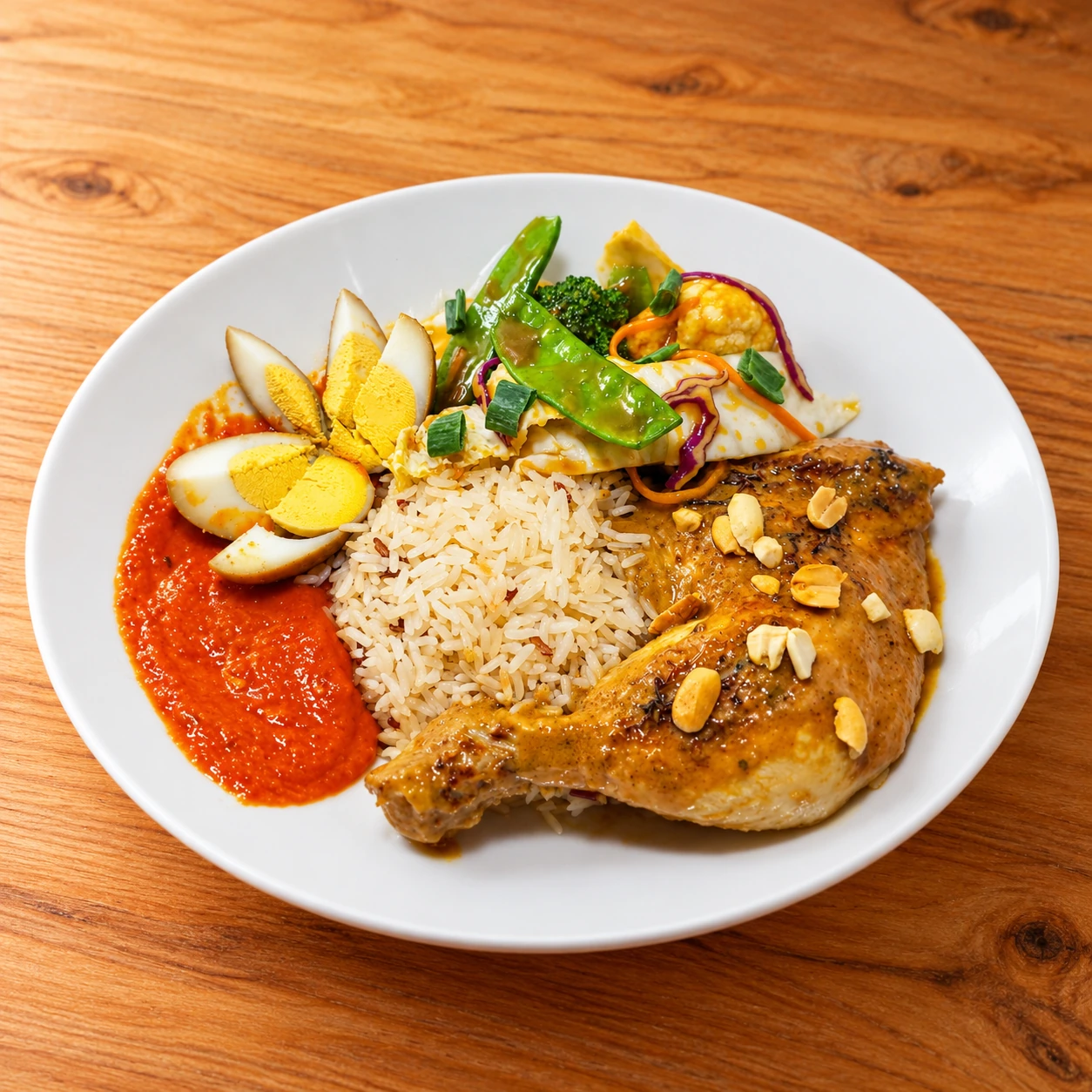 Massaman Curry mit gut sichtbarem Hähnchenschenkel, Reis, gewürztem Ei und Chilipaste